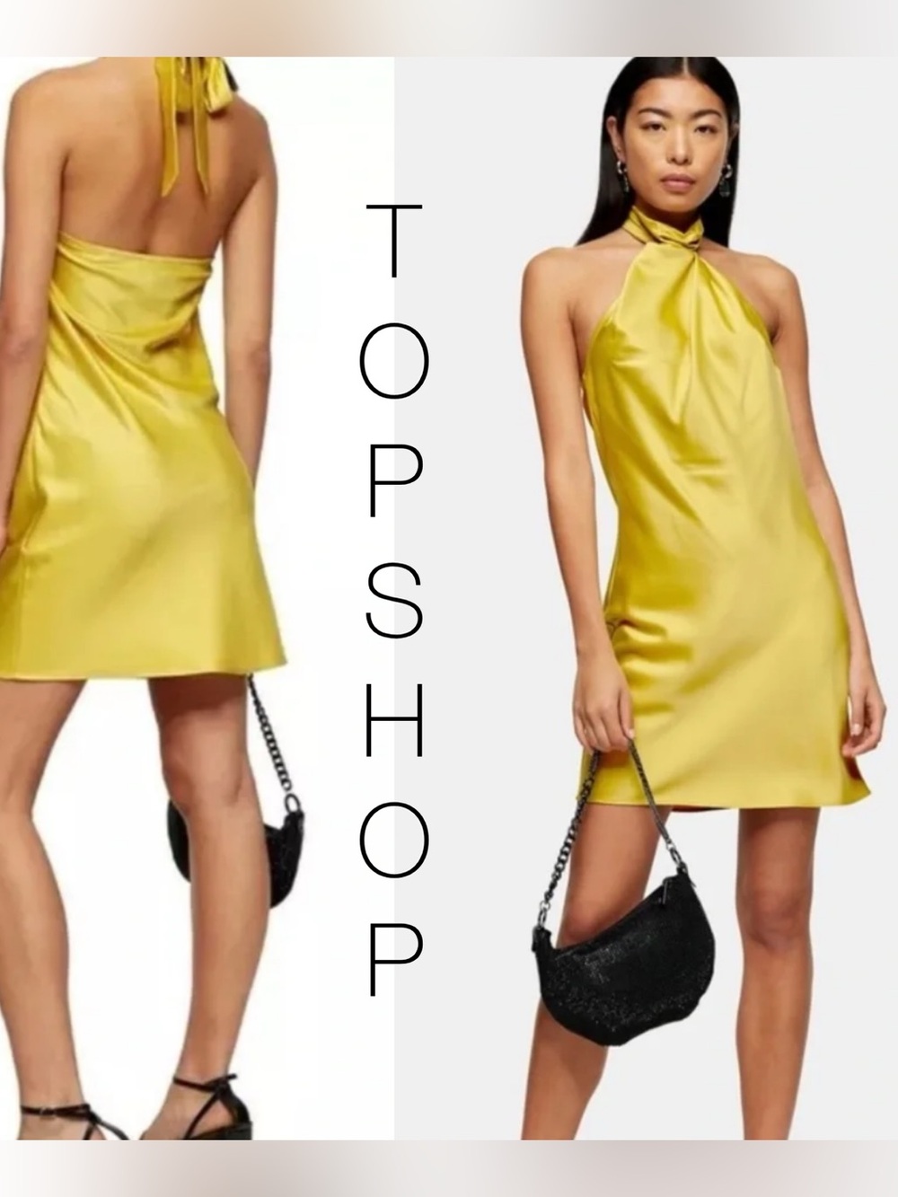 Topshop Satin Halter Mini Dress in Yellow